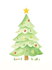 Watercolor illustration of a decorated Christmas tree with ornaments and a star on top, perfect for holiday cards and designs.