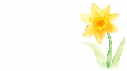 Obraz premium Watercolor painting of a bright yellow daffodil flower with green leaves against a white background, perfect for spring-themed designs.
