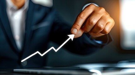 Businessman hand touching upward line graph or growth chart on blue background, showing business and ramadan upperine balance