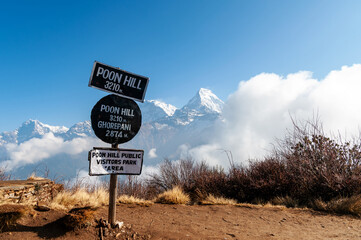 Poon Hill view point signage in Ghorepani, Nepal