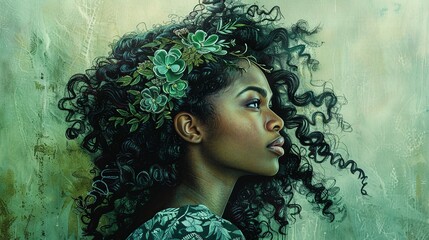 Pastel chalk drawing of an African american woman, her long natural hair adorned with a floral headband she is dressed in verdant foliage and island foliage attire reminiscent of eve