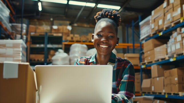 Portrait of a Happy African Small Business Owner Working on Laptop in Warehouse Preparing Parcels for Delivery Female Smile and Pose for Camera in Storeroom with Cardboard Boxes : Generative AI