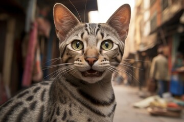 Portrait of a smiling egyptian mau cat isolated in busy urban street