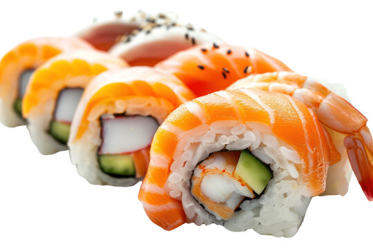 recommend clip art: Sushi rolls with salmon, shrimp, squid On a white background