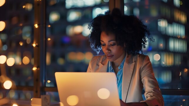 Portrait of African American Businesswoman Working on Laptop Computer in Big City Office Late in the Evening Female Executive Director Managing Digital eCommerce Project Finance Analys : Generative AI