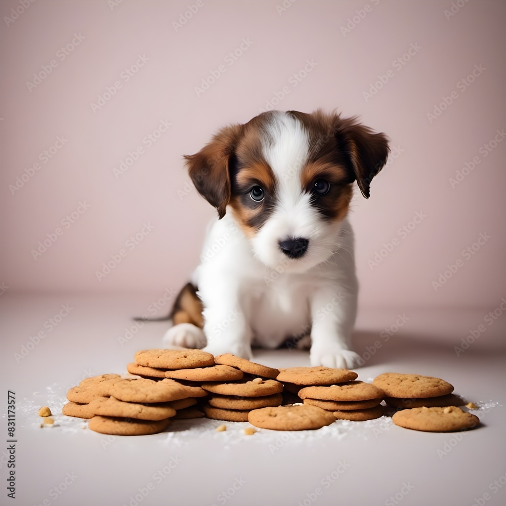 Canvas Prints AI generated illustration of an adorable puppy sitting near cookies, playfully touching one with paw