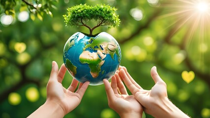 Concept image for World Environment Day: Two human hands holding a globe of the earth and a heart-shaped tree against a blurry green background.