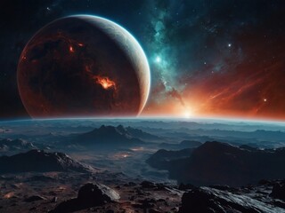 Alien world vista, Scenic view of another planet amidst a backdrop of stars and nebulae, offering a science fiction cosmic atmosphere.