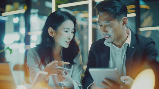 Entrepreneur Asian businessman and businesswoman discussing new business project in tablet in modern Meeting In Modern Office Asian business casual concept : Generative AI