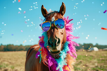 Depict a humorous scene featuring a horse wearing oversized sunglasses and a hat while standing in a sunny field. Fun and quirky animal behavior concept