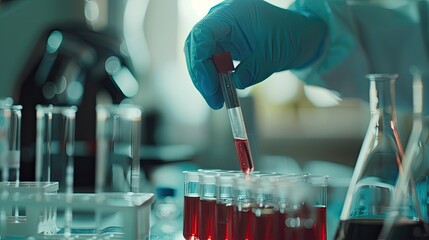 Test tubes with blood in the laboratory. Selective focus.