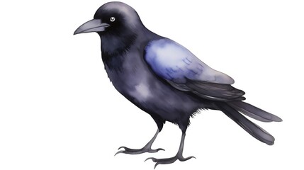 Obraz premium Digital illustration of a black crow with blue highlights on white background. Ideal for nature, wildlife, and art concepts.