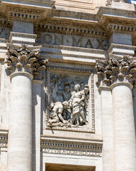 Rome, Italy - April 11, 2024: View of the details of the sculptures of the Trevi Fountain in Rome,...