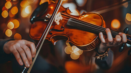 Violinist playing in strings section at music concert