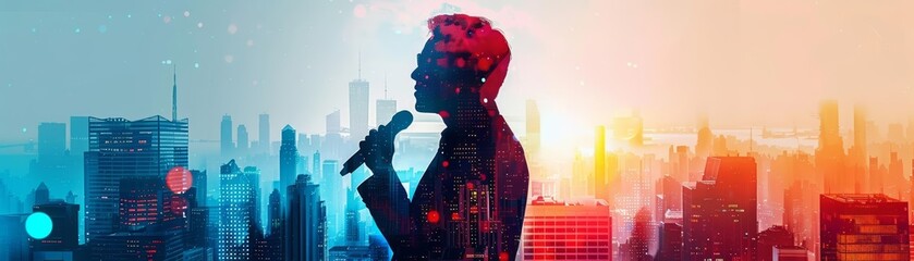 Double exposure Business leader with mic, cityscape background close up, saturated colors, silhouette with urban buildings