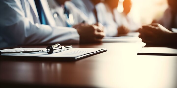 Doctors in a conference discussing medical team issues. Concept Medical Ethics, Team Communication, Professional Development, Healthcare Challenges