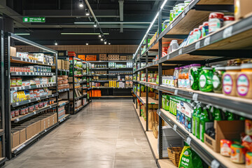 Fototapeta premium Supermarket with empty shelves for goods. Panic buying