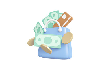 3D illustration of online shopping and payment concept with bag icon with banknotes and coins with card isolated on transparent background.
