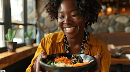 A woman smiling while holding a bowl of food