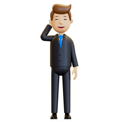 3d man. Confused office worker laughs and scratches his head. A businessman in a suit reflects emotions. 3D rendering, illustration in cartoon style, isolated.