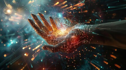futuristic ai technology human hand interacting with holographic interface to generate diverse content digital painting