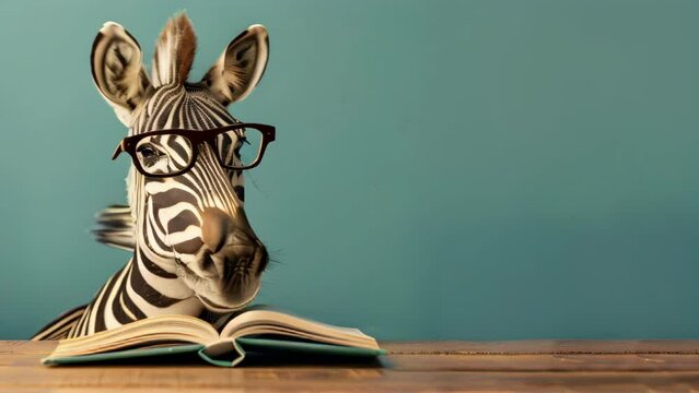 A zebra wearing glasses is reading a book. Concept of curiosity and learning, as the zebra appears to be engaged in the act of reading. The combination of the zebra's unique appearance
