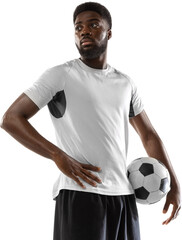 Young African soccer football player posing with ball isolated on transparent background. Focus and...