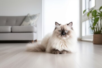 Portrait of a smiling himalayan cat isolated on modern minimalist interior