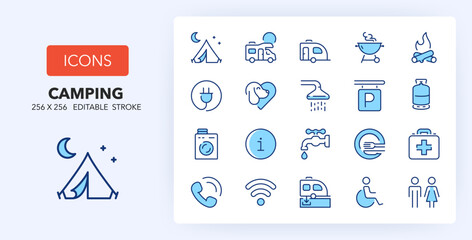 Line icons about camping and outdoor activities. Contains such icons as beach, surf, tropical island and more. 256x256 Pixel Perfect editable in two colors