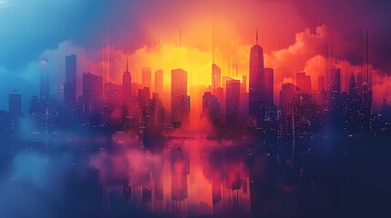 Obraz premium A futuristic cityscape silhouetted against a vibrant, colorful sky. The city is bathed in an ethereal glow.
