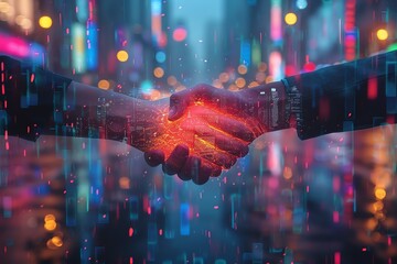 A glowing handshake in a neon-lit city, symbolizing collaboration and partnership.