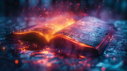 A mystical book burns with vibrant flames and glowing embers, releasing sparks into the night.