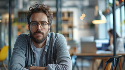 Portrait of a handsome young man with glasses looking at the camera with a serious expression.