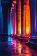 A row of illuminated columns cast colorful reflections on a wet stone floor.