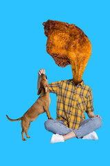 Collage artwork 3d picture of funny unknown unusual weird guy no face eat feed dog isolated on...