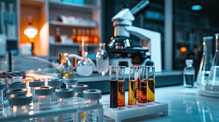 Test tubes on the background of a microscope in the laboratory. Selective focus.