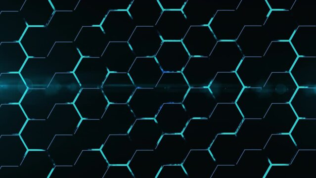 Abstract futuristic hexagons surface concept. Honeycomb background loop. Modern trendy sci-fi technology background of hexagonal pattern with blue circle waves. Technology, data, hi-tech virtual space