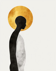 A minimalist illustration of a silhouette with a golden sun behind it creating a serene and contemplative composition with clean lines and simple design