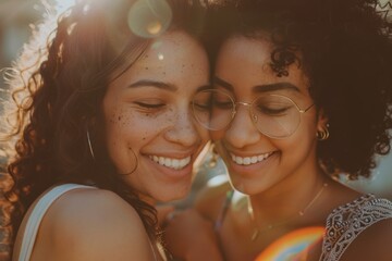 An editorial image of an LGBTQ+ couple in a tender, romantic moment during Pride Month, filled with warmth and love