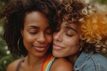 Obraz premium An editorial image of an LGBTQ+ couple in a tender, romantic moment during Pride Month, filled with warmth and love