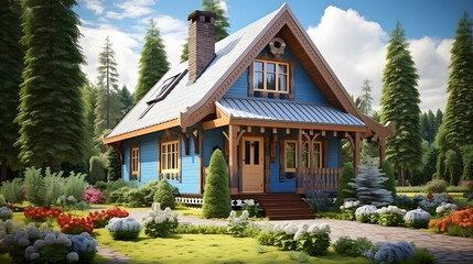 Fototapeta premium Watercolor Beautiful house with flowering plants and sky background.