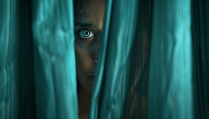 The eye of a young woman is seen through a blue curtain.