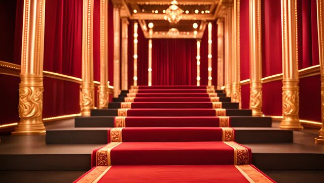 Majestic Staircase With Red Carpet and Gold Pillars Generative AI