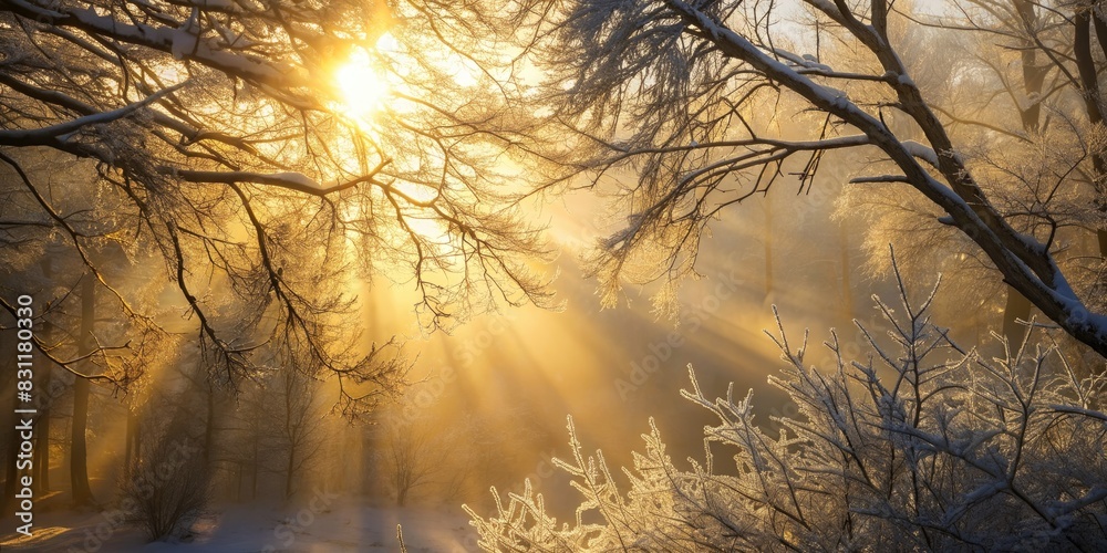 Wall mural Sunbeams streaming through a misty forest