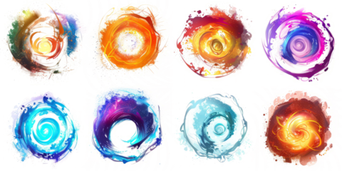 magical portals, each portal framed by swirling vortexes of light and color on a white background.