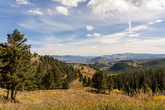 View from Blacktail Plateau Drive near the Lamar Valley in Yellowstone National Park on a sunny fall day in Wyoming