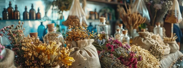 Dried flowers and herbs, infusions and decoctions on the market. Selective focus.