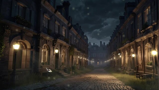 Video is a dark and foggy street with cobblestone pavement and buildings on both sides. The buildings are mostly three or four stories tall, with some having shops on the first floor. 