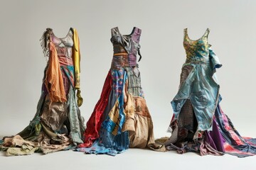 Three unique, standing textile sculptures, crafted to look like colorful dresses on a neutral background