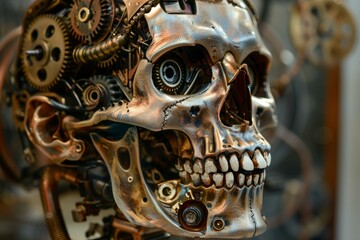 Closeup of a detailed steampunk robot skull with intricate metallic gearwork and advanced robotic technology